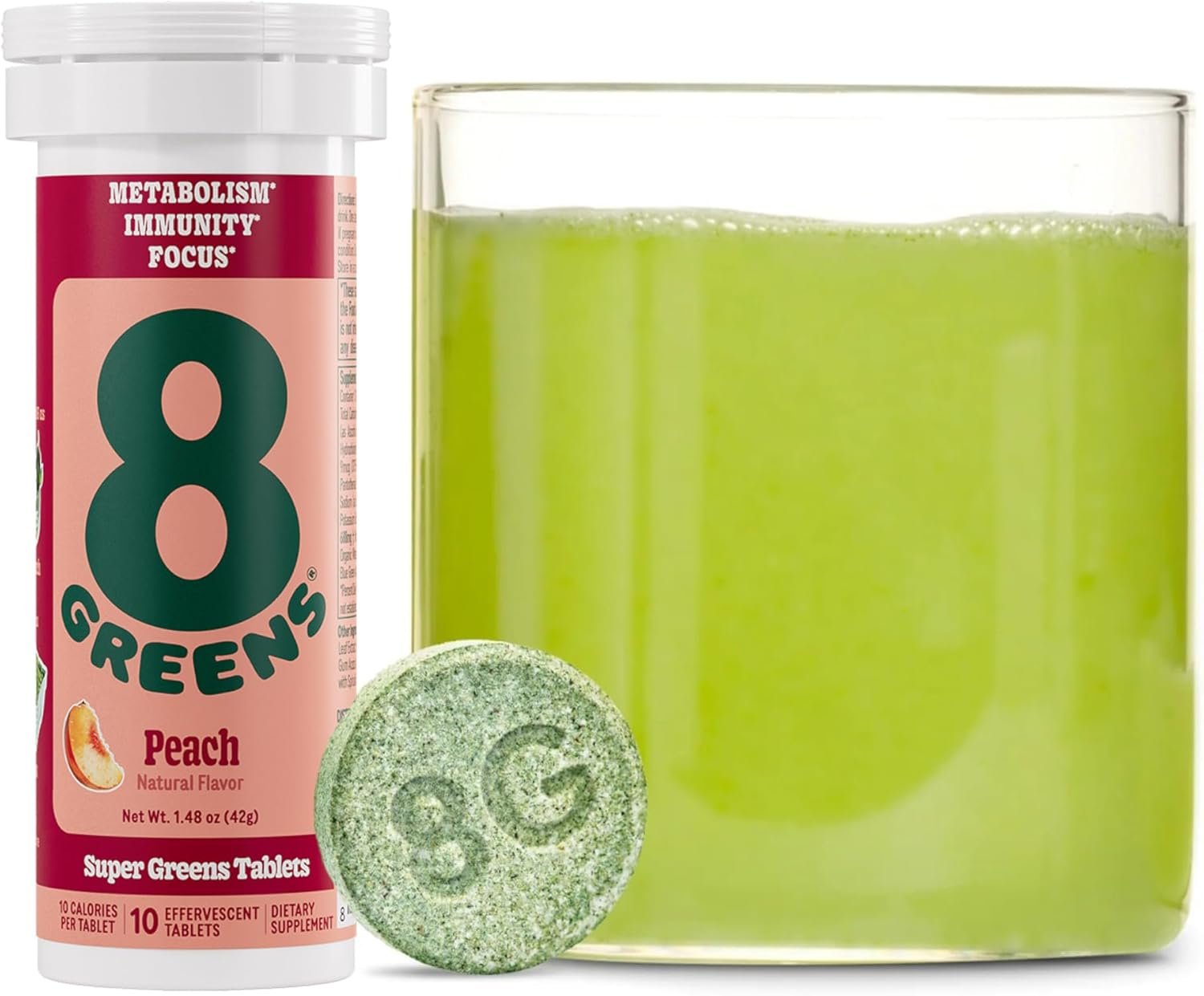 1 8Greens Supergreens Tablets | Daily Greens Effervescent Tablets, Organic: Aloe Vera, Spirulina, Chlorella, Peach, 10 Servings - Image 1