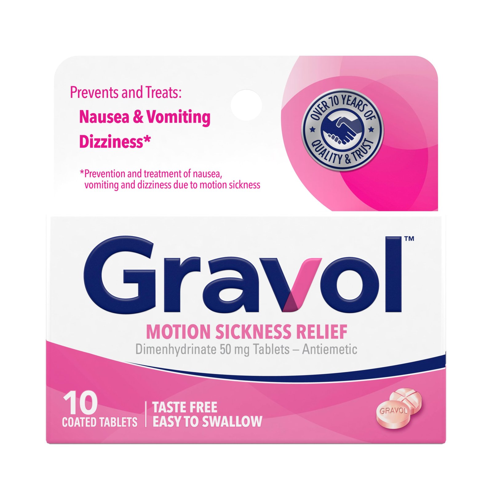Version 1.0.0 Gravol Motion Sickness Relief and Nausea Prevention, 50 mg Coated Tablets, 10 Ct. - Image 1