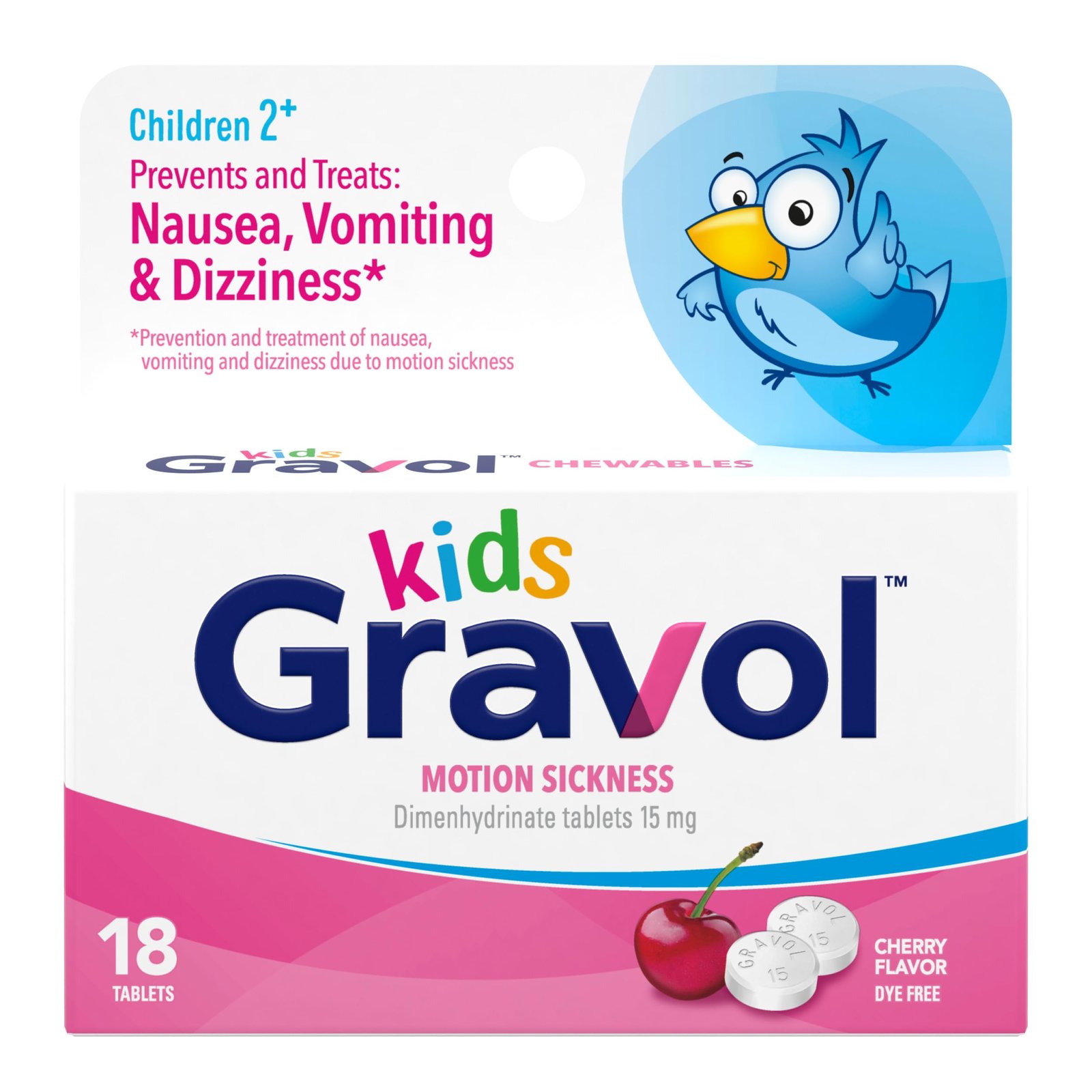 Version 1.0.0 Gravol Kids Chewable Tablets for Nausea, Upset Stomach and Motion Sickness Relief, Dye Free, Cherry Flavor, Age 2 to 12, 18ct - Image 1