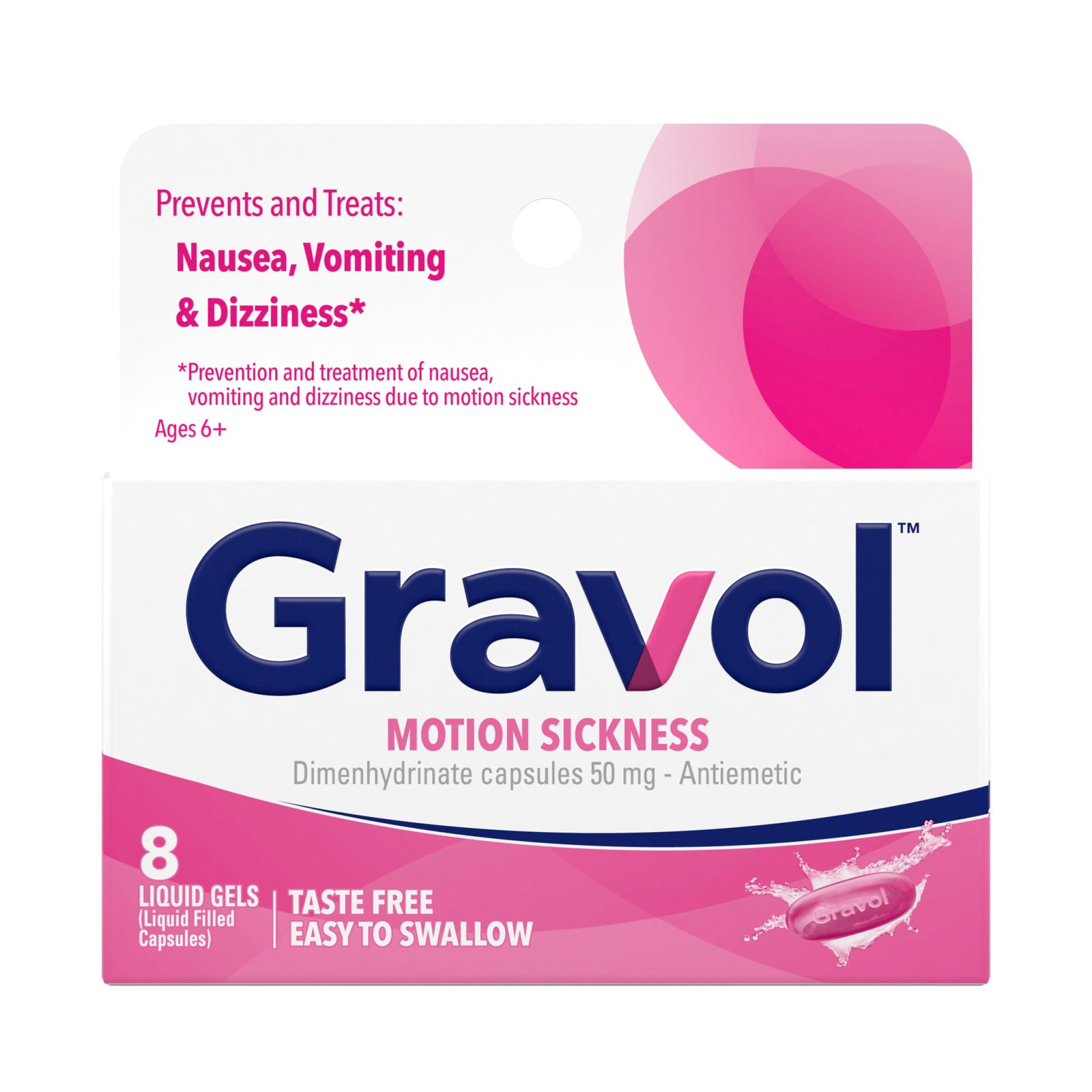 Version 1.0.0 Gravol Liquid Gels 50mg for Motion Sickness Prevention and Relief, 8ct - Image 1