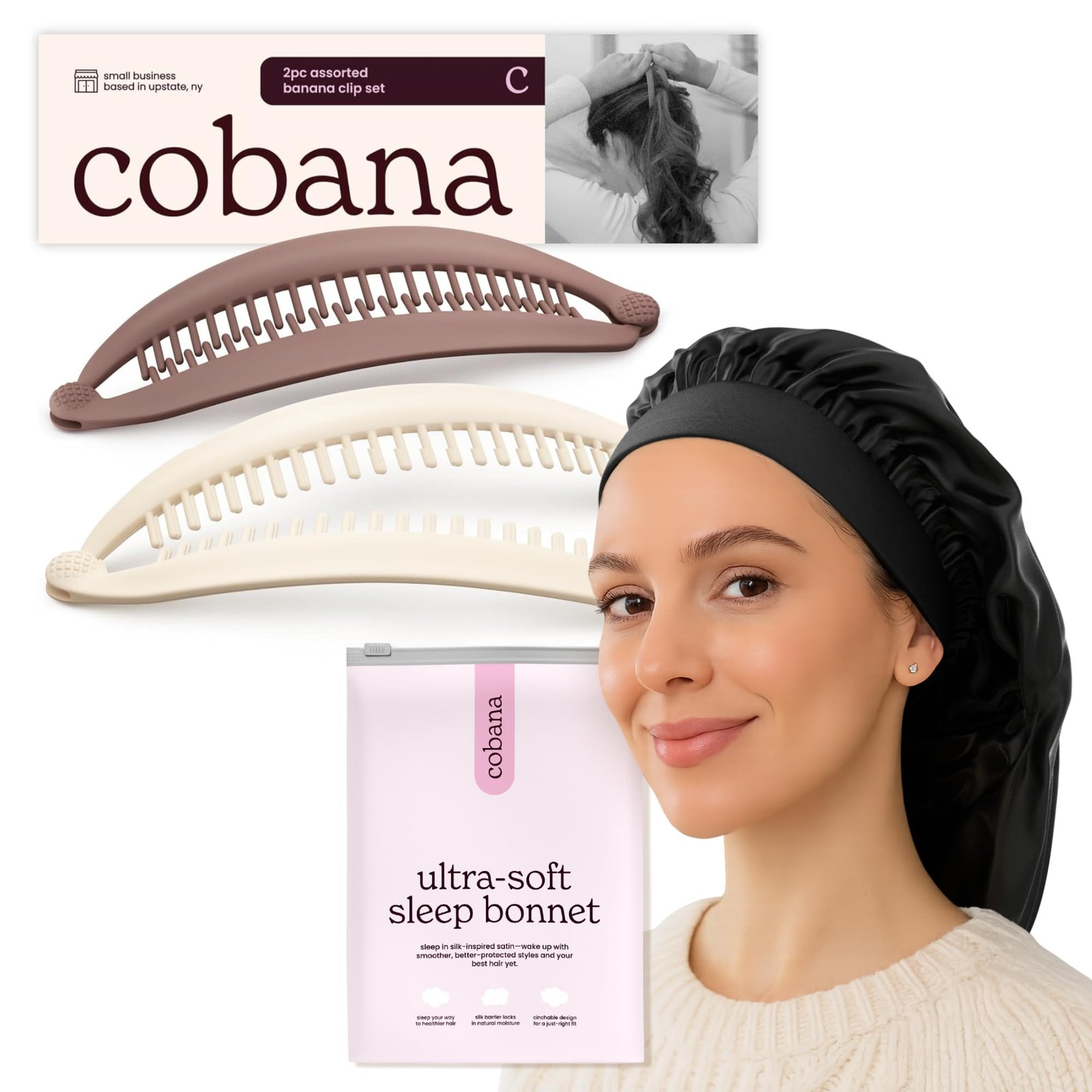 Version 1.0.0 Cobana Banana Clip and Ultra-Soft Sleep Bonnet Bundle - Image 1